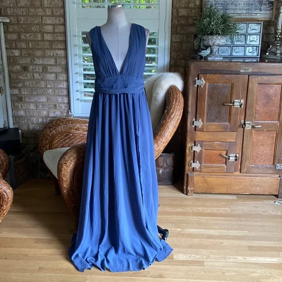 LULU'S Heavenly Hues Denim Blue Maxi Dress PLUNGE SLIT XL NEW